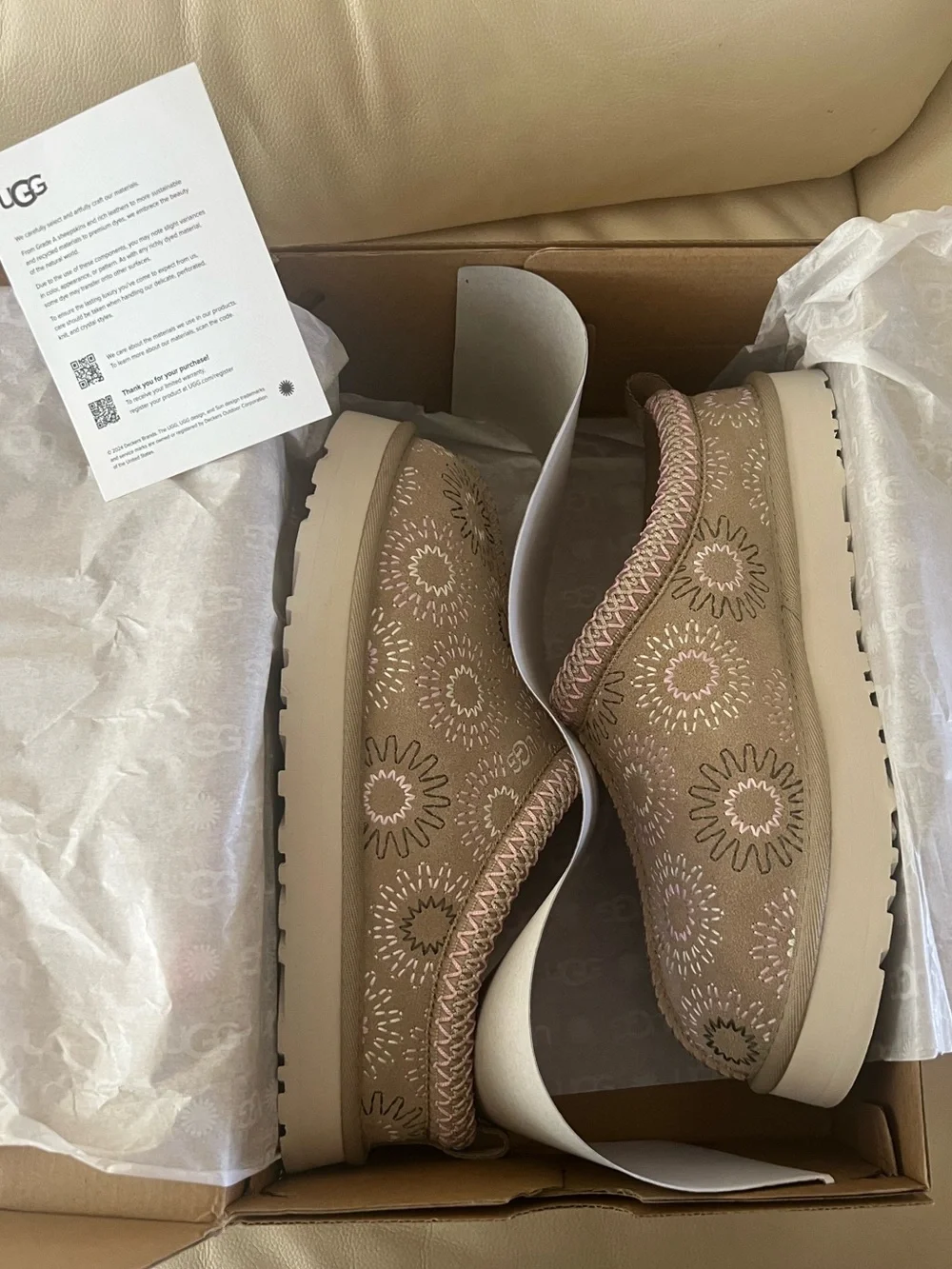 UGG Taupe Slip-On Clogs with Pink & White Embroidered Motifs